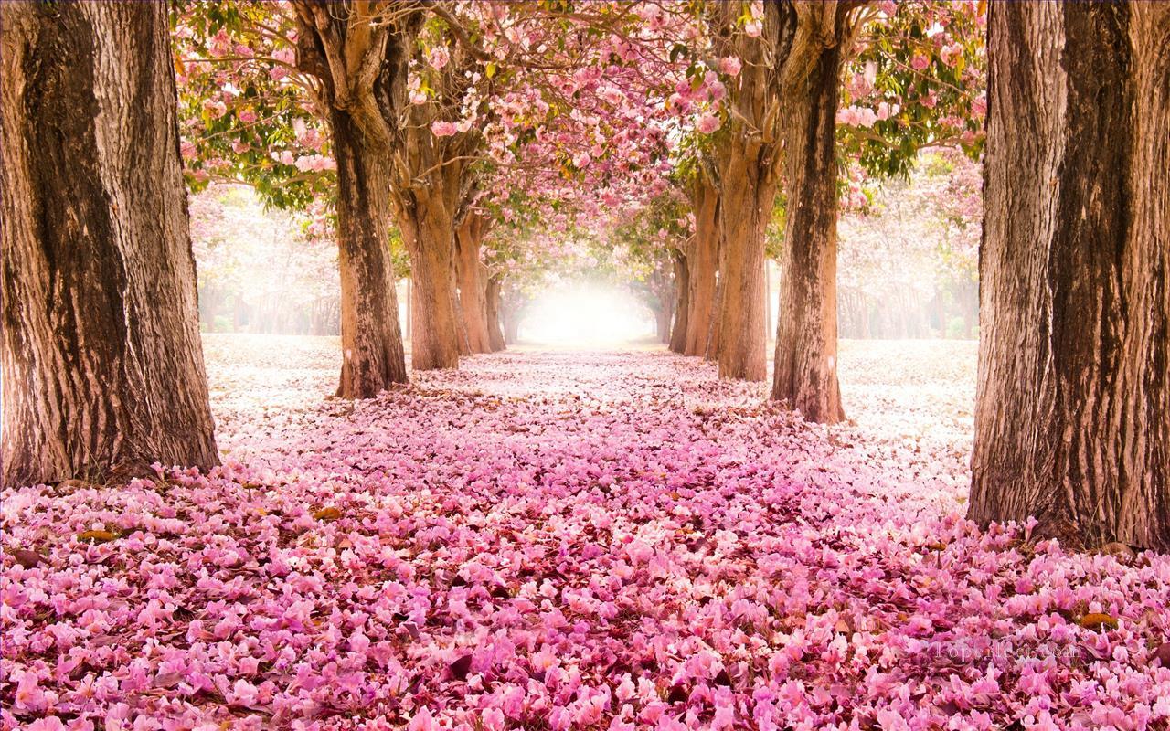 Pink Floral Path Trees Landscape Painting from Photos to Art Oil Paintings